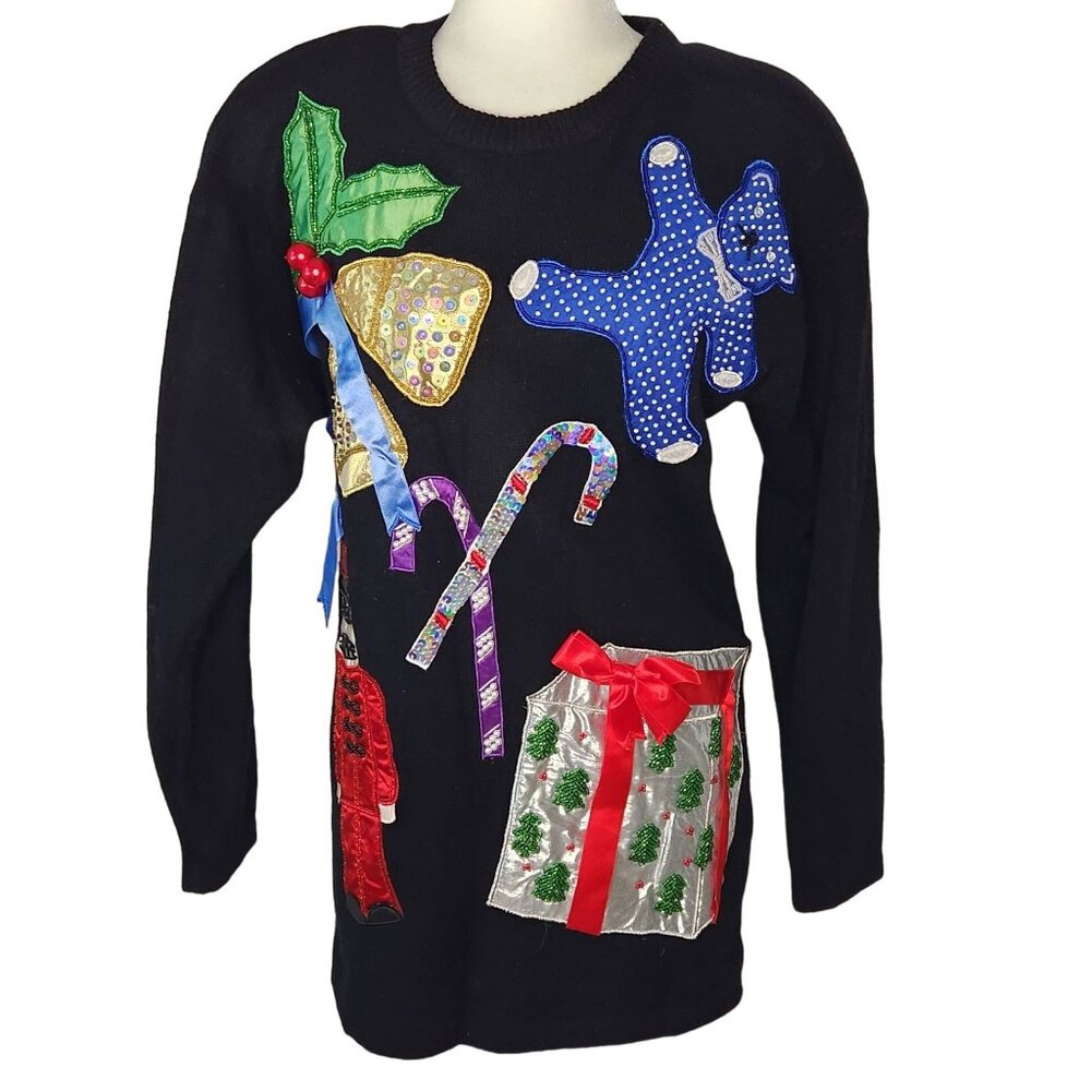 Vintage Oversized Christmas‎ Sweater Sequins Bling Teddy Bear Nutcracker Novelty